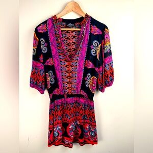 ANGIE Tunic Dress Womens M Boho Hippie Gypsy V Neck Elastic Waist Bell Sleeves